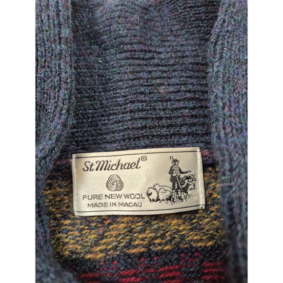 Vintage St Michael Sweater Mens Large Blue Wool Fair Isle Shawl Collar Pullover - Picture 4 of 12